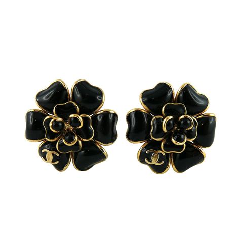 chanel black motif floral earrings|chanel camellia earrings.